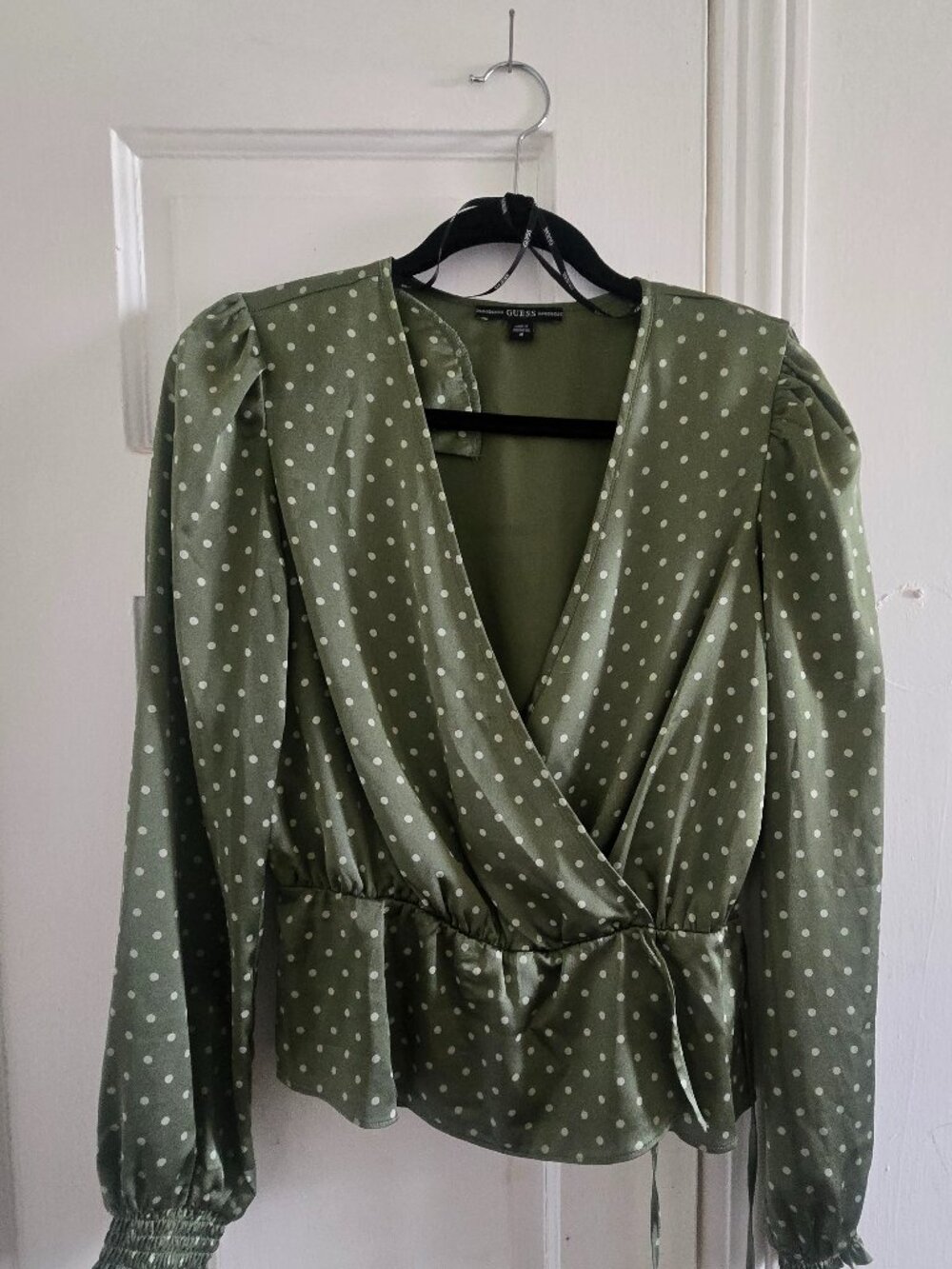 GUESS green polka dot satin faux wrap top with long sleeves